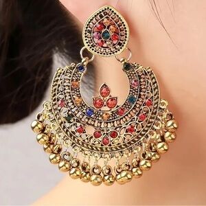 Bollywood Style Earrings Gold and multicolor red, green and blue stones